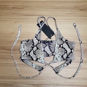 Nasty Gal Womens White Black Snake Print Cut Out Tie Scrunchie Bikini Top Size 2
